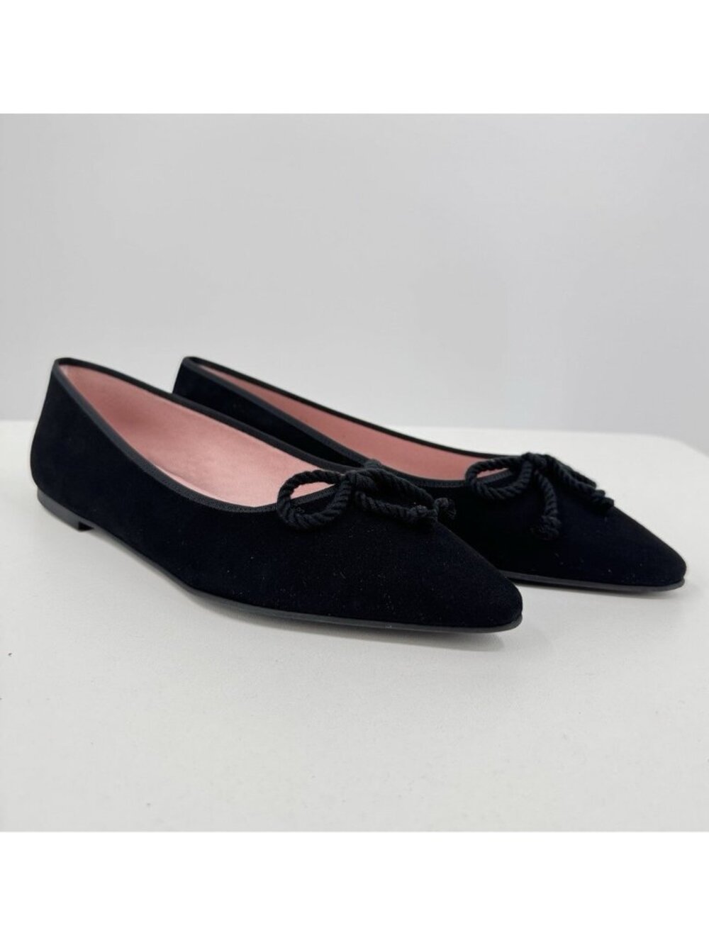 Pretty Ballerinas Black Suede Tyra Pointed Toe Flats with Bow size US 12 EU 42